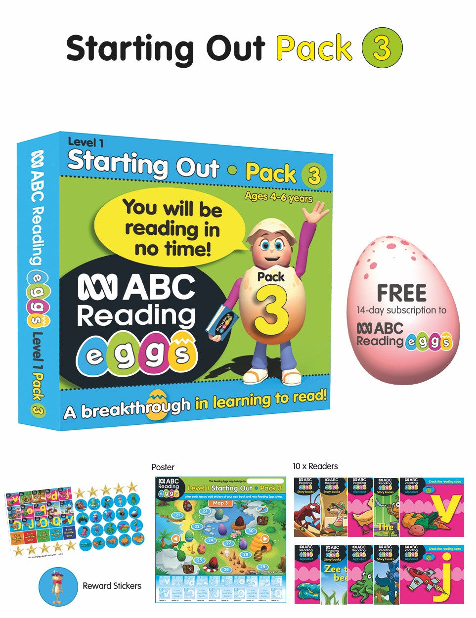 Front pack image for ABC Reading Eggs Starting Out Book Pack 3 showing the pack as presented by the publisher