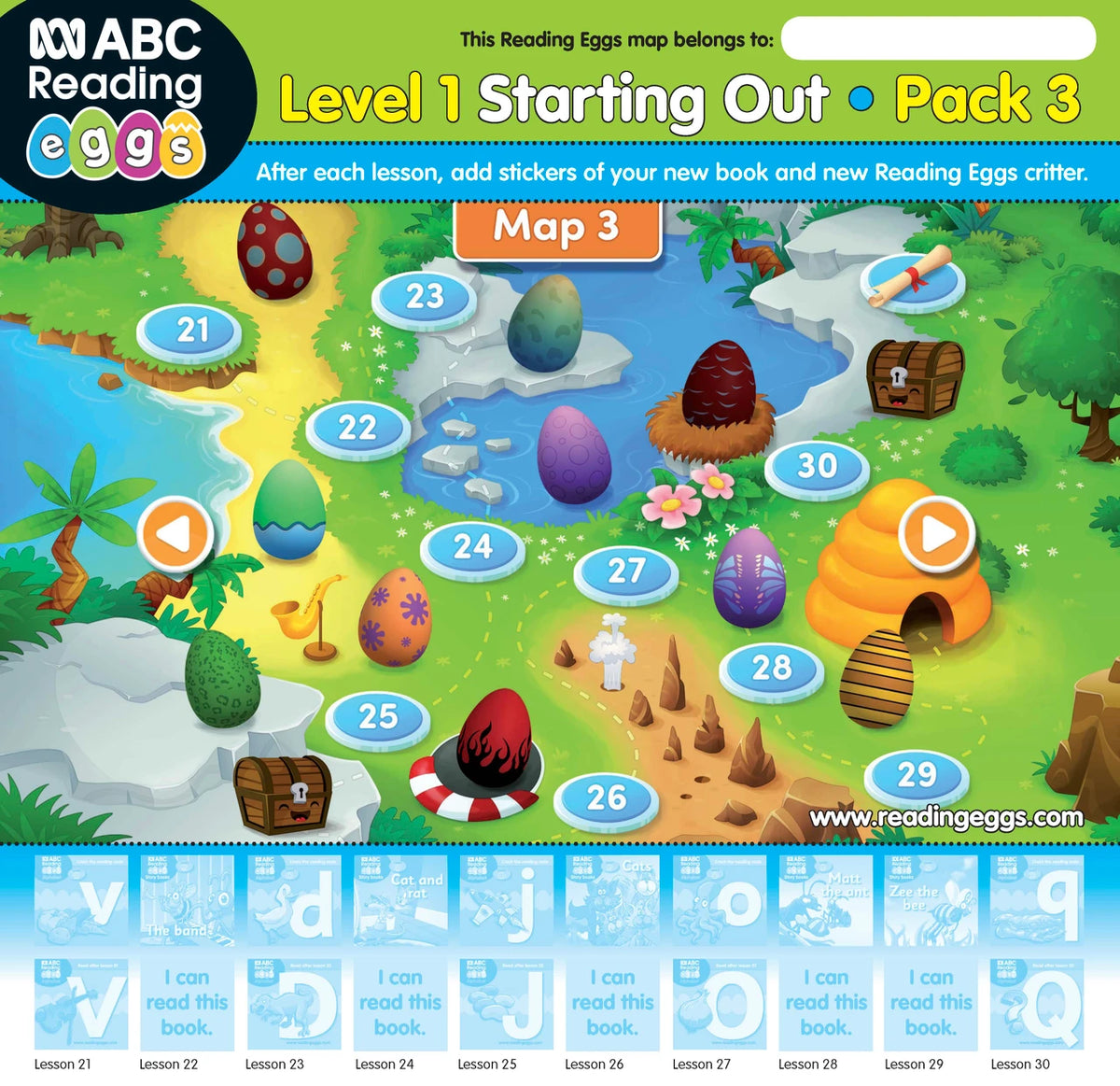 Map poster included in ABC Reading Eggs Starting Out Book Pack 3, used with stickers to record each completed lesson