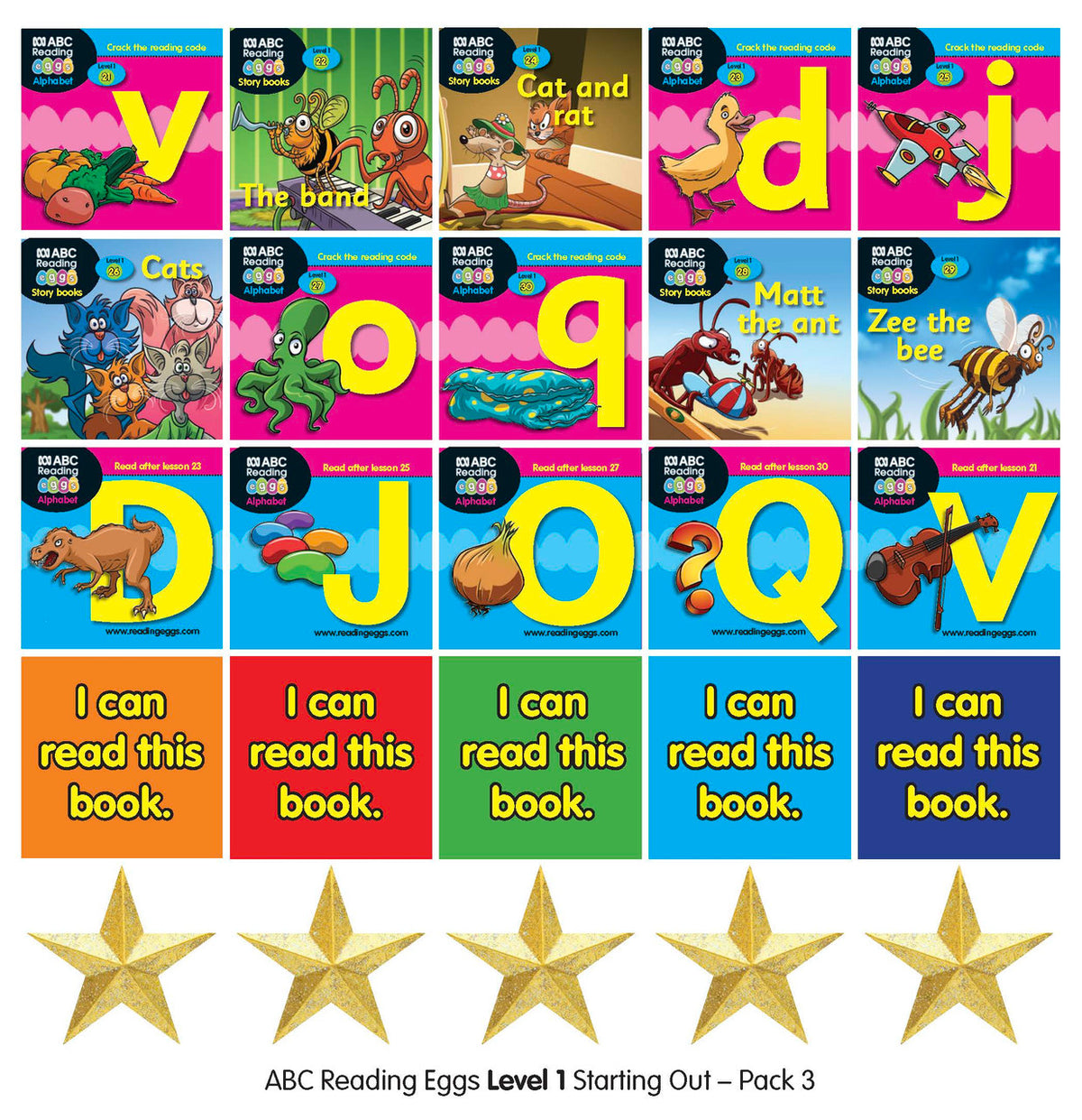 First side of the sticker sheet included in ABC Reading Eggs Starting Out Book Pack 3 with critter and star stickers