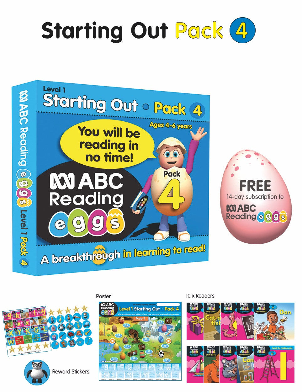 Front pack image for ABC Reading Eggs Starting Out Book Pack 4 showing the pack as presented by the publisher