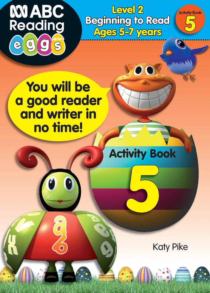 Front cover of ABC Reading Eggs Beginning to Read Activity Book 5 for children aged 5-7, with the Reading Eggs branding