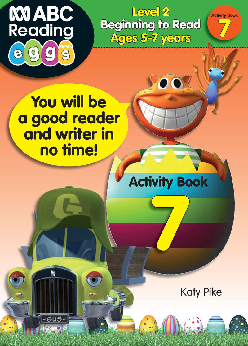 Front cover of ABC Reading Eggs Beginning to Read Activity Book 7 for children aged 5-7, with the Reading Eggs branding