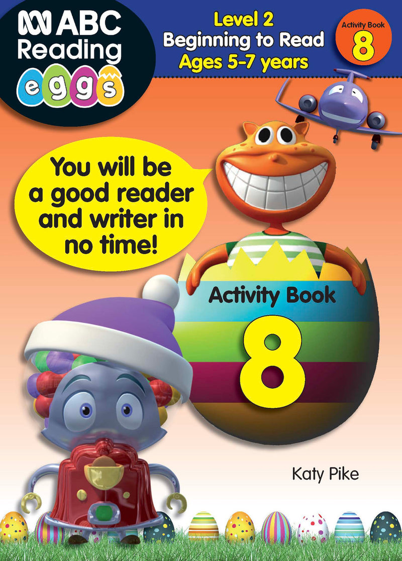 Front cover of ABC Reading Eggs Beginning to Read Activity Book 8 for children aged 5-7, with the Reading Eggs branding