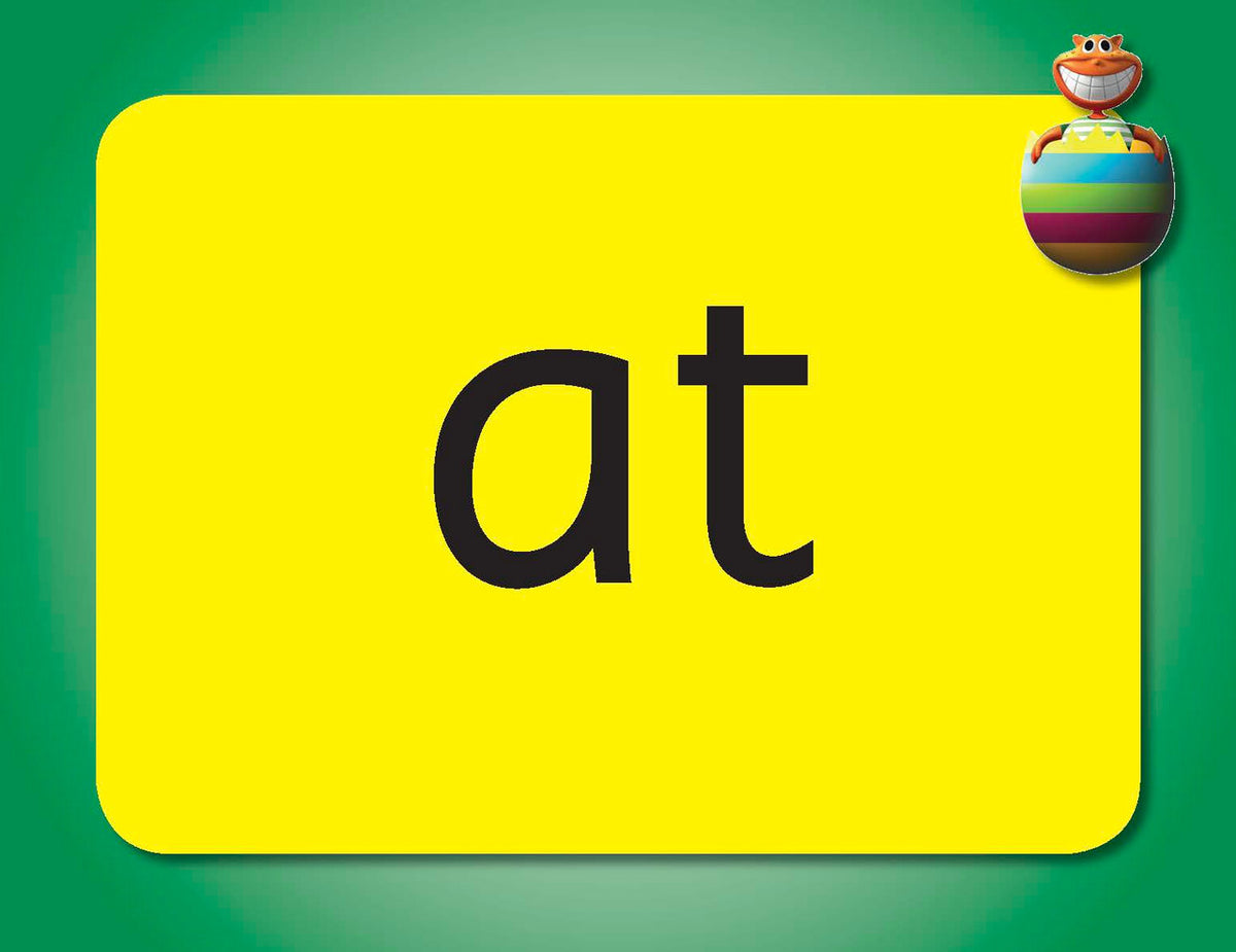 Sample flashcards from the set showing letter and sound cards with bold print for phonics practice