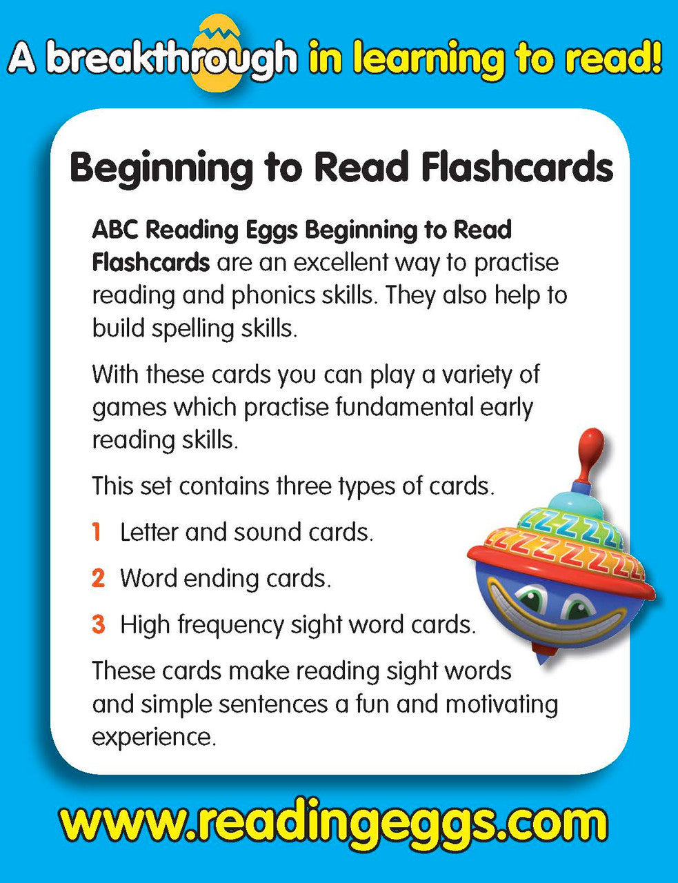 Back of the ABC Reading Eggs Beginning to Read Flashcards box with product information