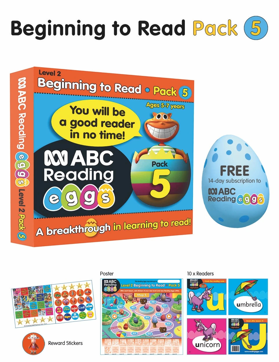 Front pack image for ABC Reading Eggs Beginning to Read Book Pack 5 showing the pack as presented by the publisher