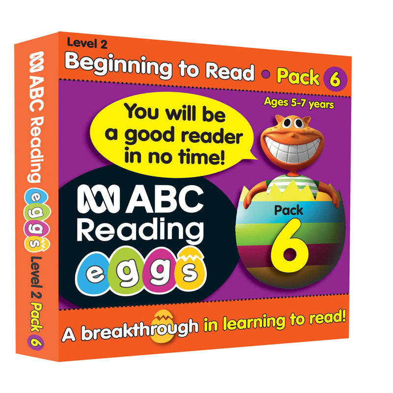 Pack contents image for ABC Reading Eggs Beginning to Read Book Pack 6 showing the readers, poster, sticker sheet and parent guide