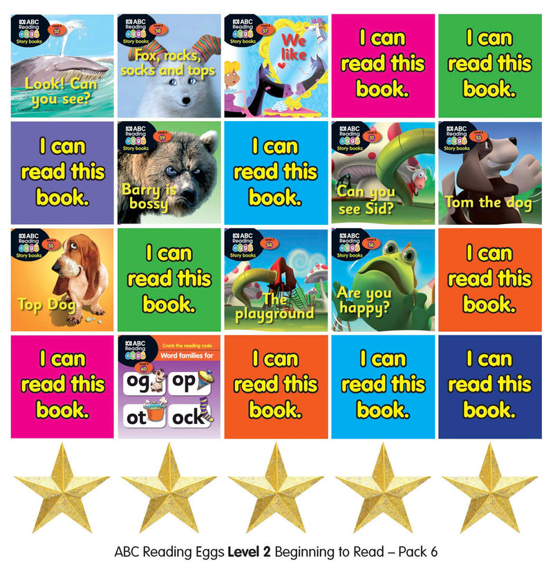 First side of the sticker sheet included in ABC Reading Eggs Beginning to Read Book Pack 6 with critter and star stickers