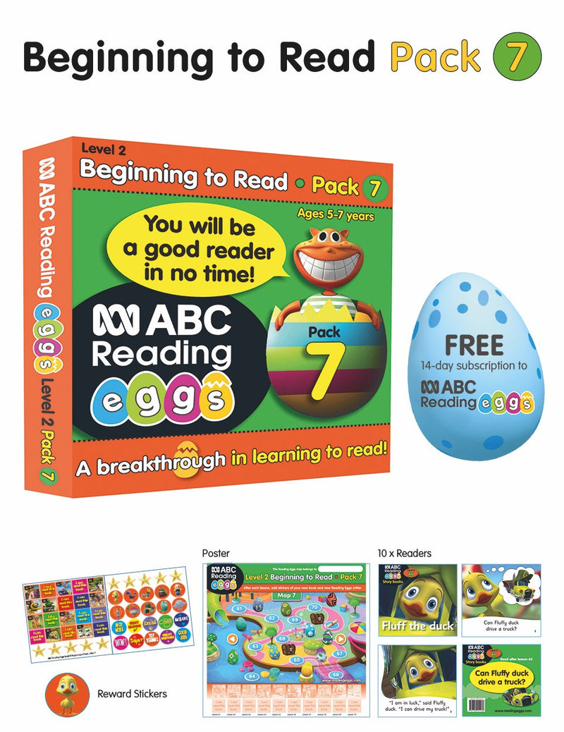 Front of the ABC Reading Eggs Beginning to Read Book Pack 7 showing the pack cover artwork and series branding