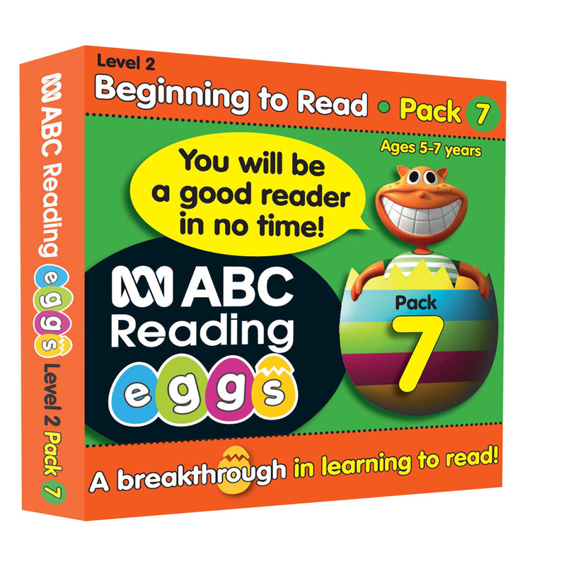 Contents of ABC Reading Eggs Book Pack 7 laid out, showing the set of readers with the poster, sticker sheet and parent guide