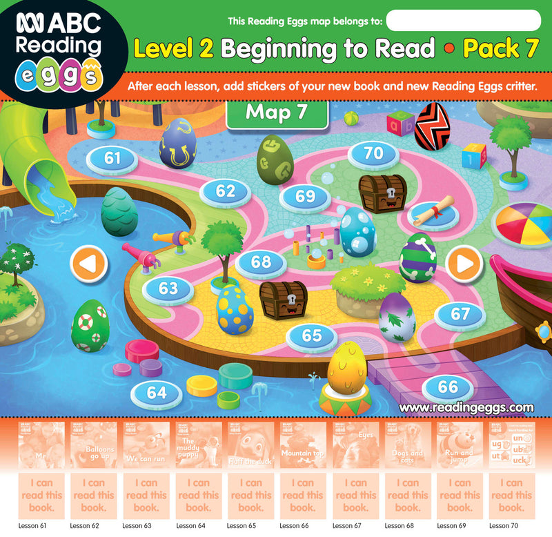 Map poster from Book Pack 7 where children place a sticker to track each completed Reading Eggs lesson