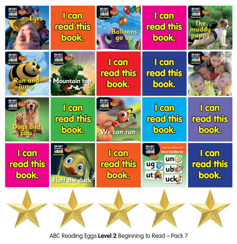 First side of the Book Pack 7 sticker sheet showing colourful Reading Eggs critter reward stickers
