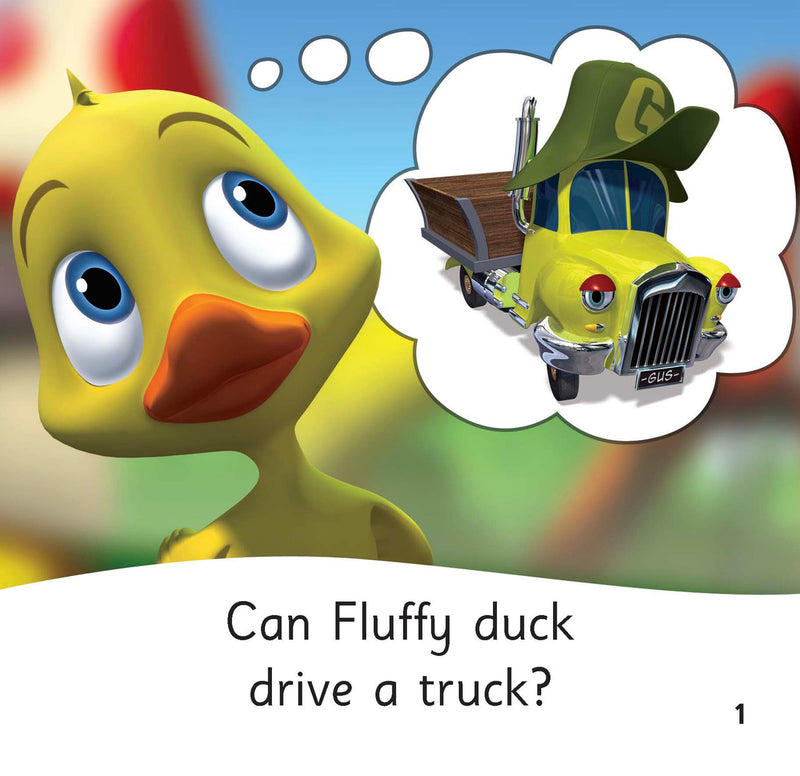 Inside spread from the reader Fluff the Duck showing simple text beside a bright illustration