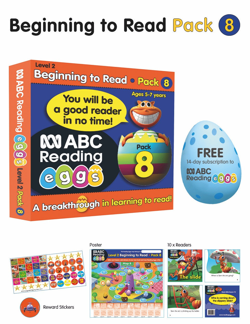 Front of the ABC Reading Eggs Beginning to Read Book Pack 8 showing the pack cover artwork and series branding