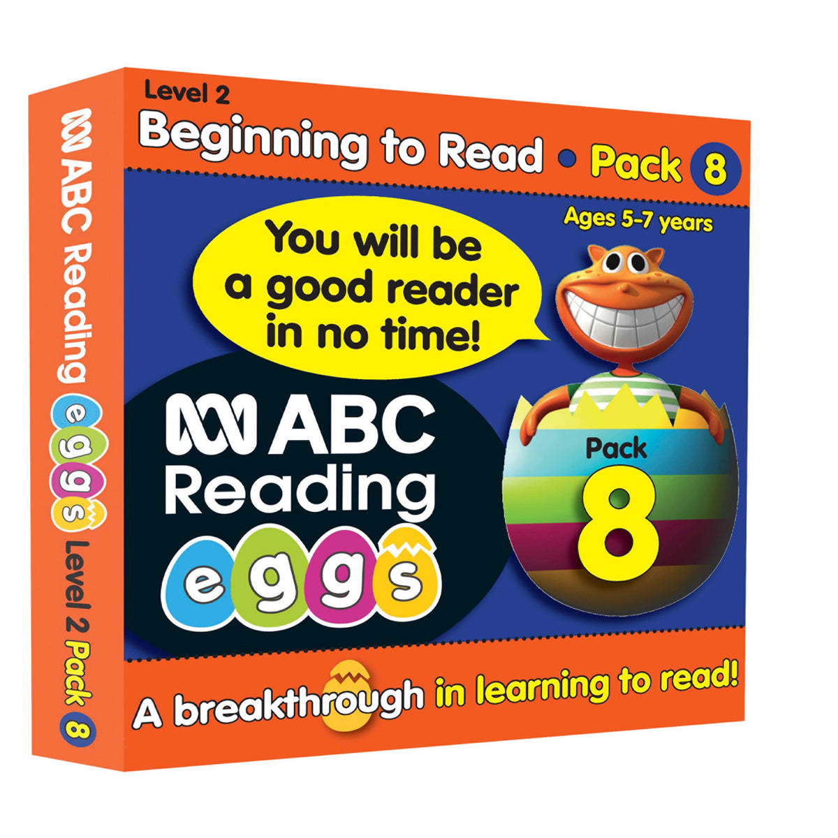 Contents of ABC Reading Eggs Book Pack 8 laid out, showing the set of readers with the poster, sticker sheet and parent guide