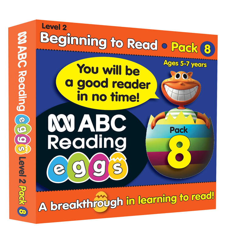 Contents of ABC Reading Eggs Book Pack 8 laid out, showing the set of readers with the poster, sticker sheet and parent guide