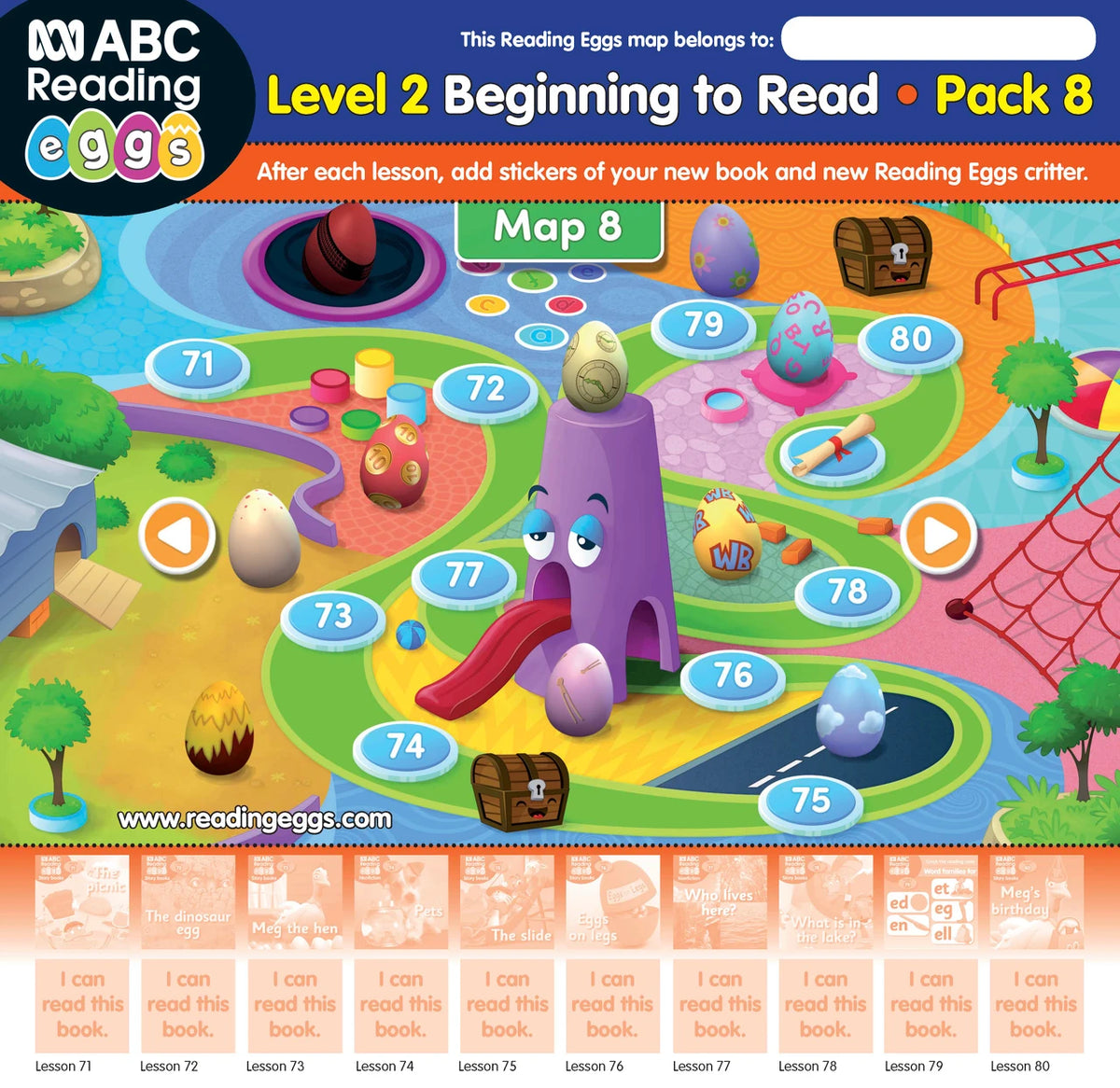 Map poster from Book Pack 8 where children place a sticker to track each completed Reading Eggs lesson