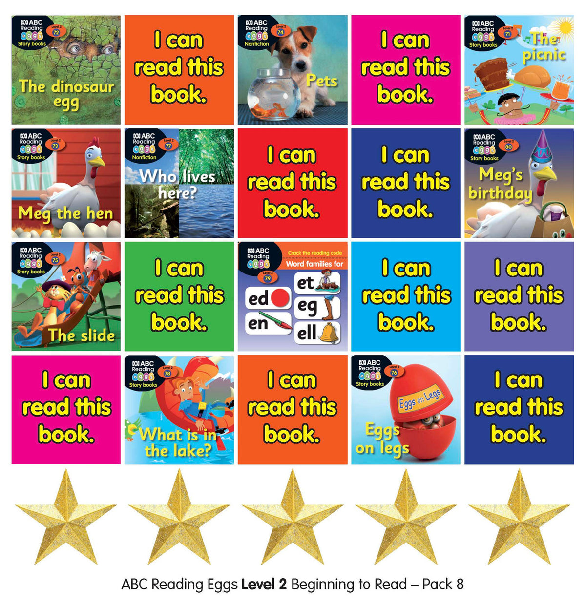 First side of the Book Pack 8 sticker sheet showing colourful Reading Eggs critter reward stickers