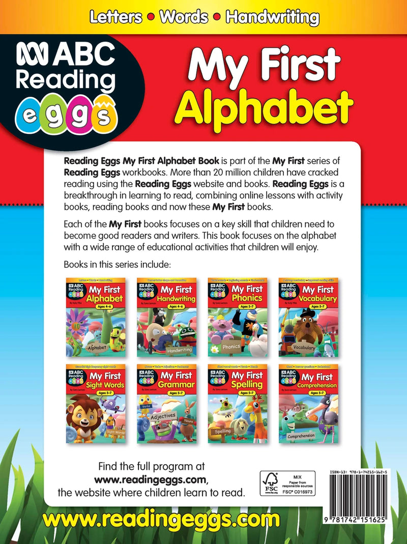 Back cover of the ABC Reading Eggs My First Alphabet workbook showing the series branding and an overview of the book