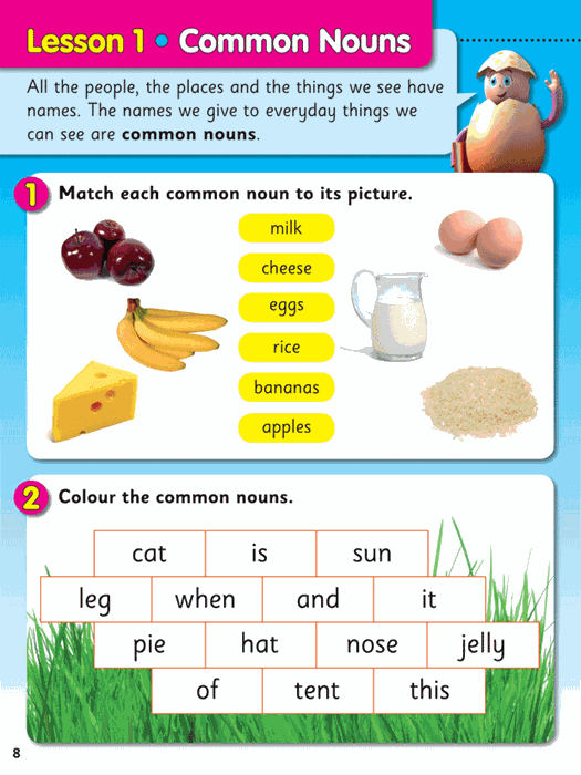 Sample inside page from the ABC Reading Eggs My First Grammar workbook showing a grammar activity as it appears in the publisher gallery
