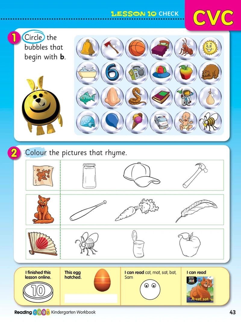 Sample practice page from the ABC Reading Eggs Reading Skills Kindergarten workbook, showing full-colour lesson activities