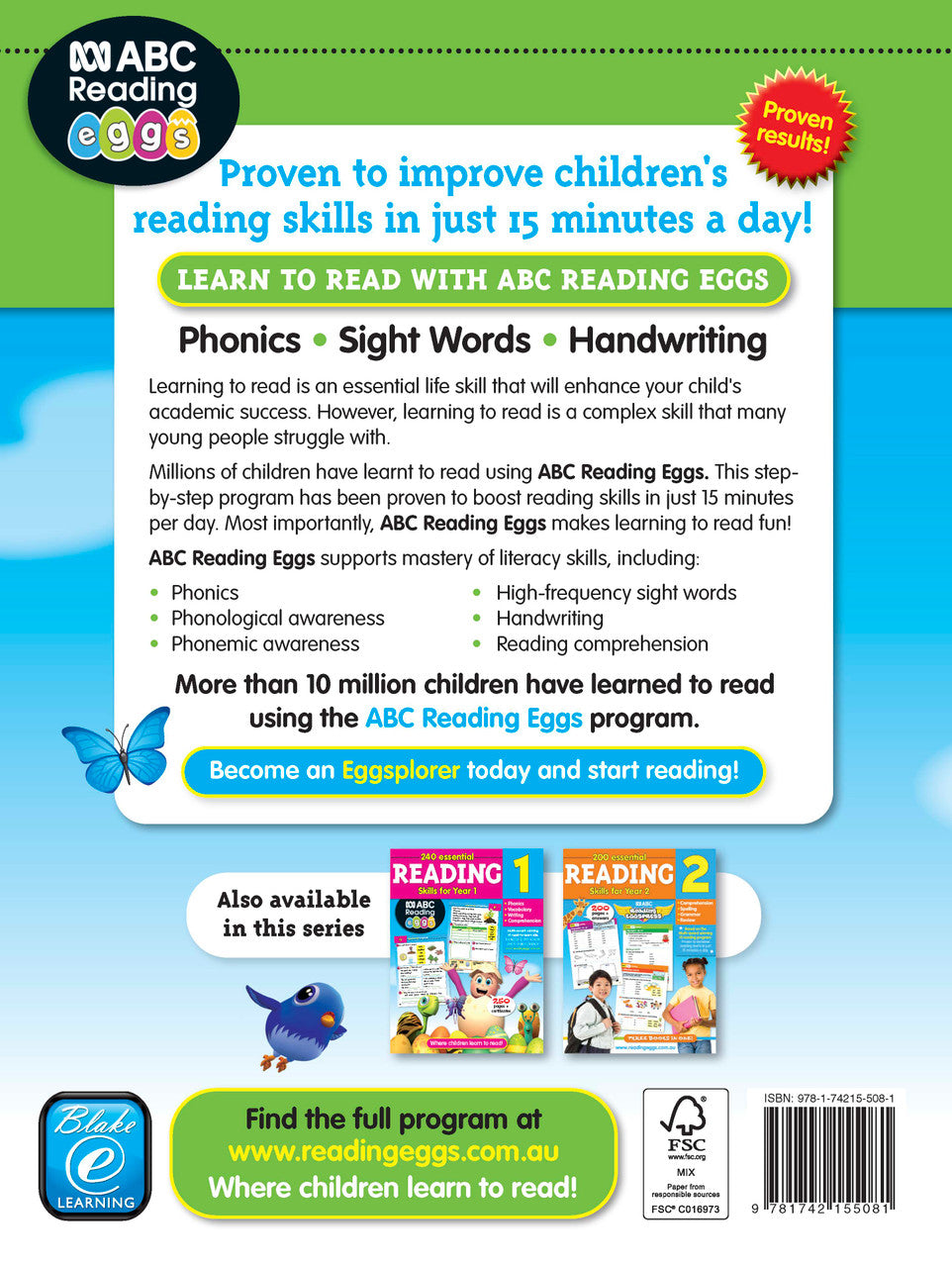 Interior activity page from the ABC Reading Eggs Reading Skills Kindergarten workbook, showing full-colour lesson activities