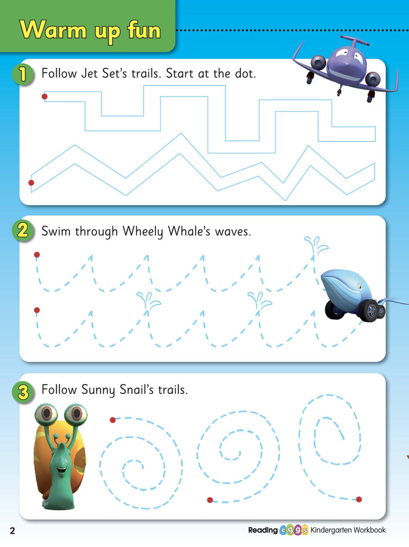 Sample interior page from the ABC Reading Eggs Reading Skills Kindergarten workbook, showing full-colour lesson activities