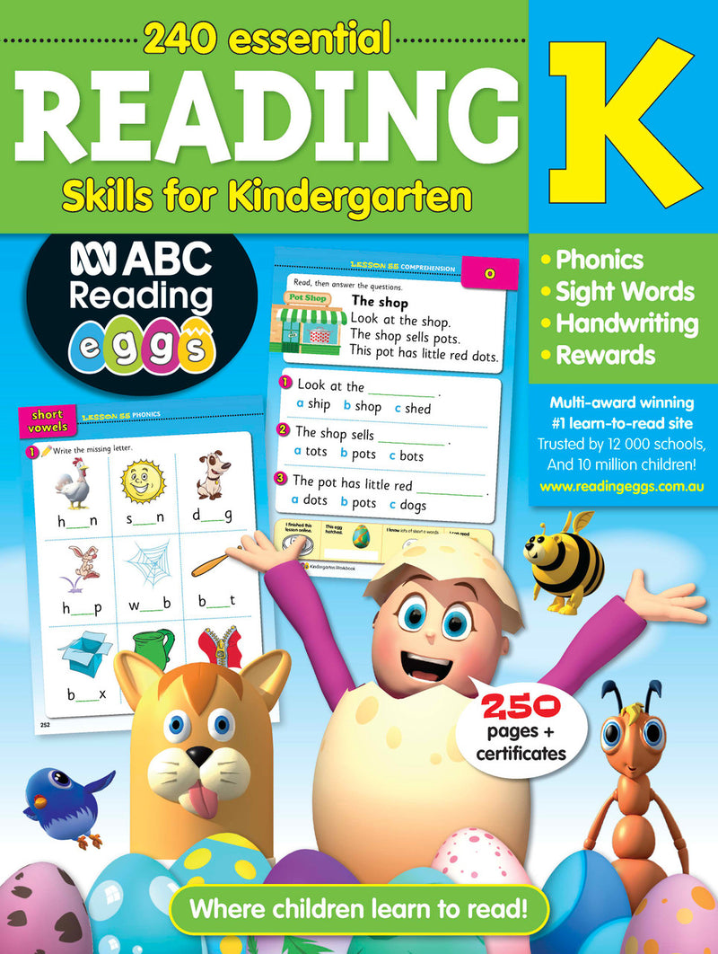 Front cover of the ABC Reading Eggs Reading Skills Kindergarten workbook, showing the series branding and title