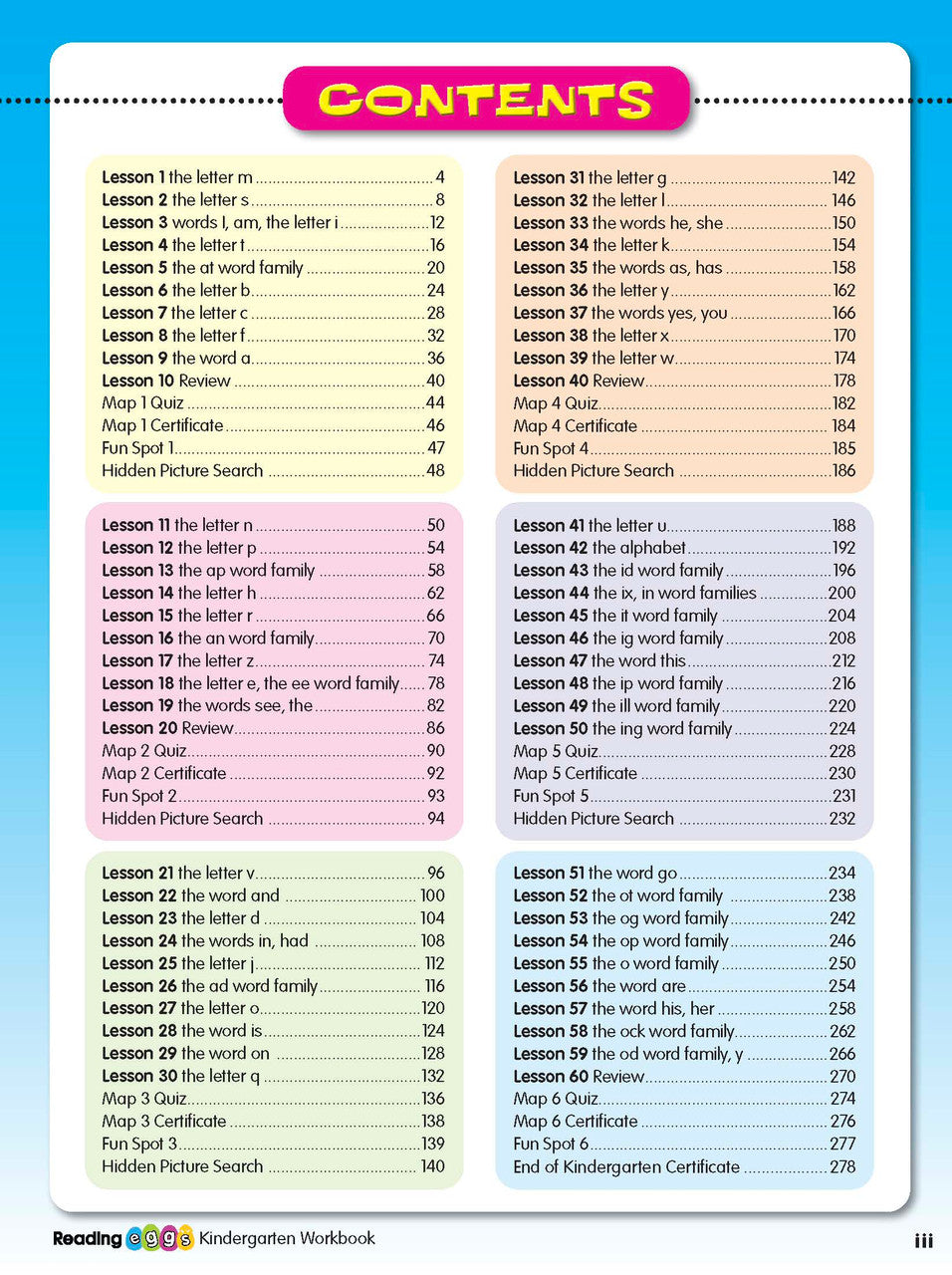 Sample interior page from the ABC Reading Eggs Reading Skills Kindergarten workbook, showing full-colour lesson activities
