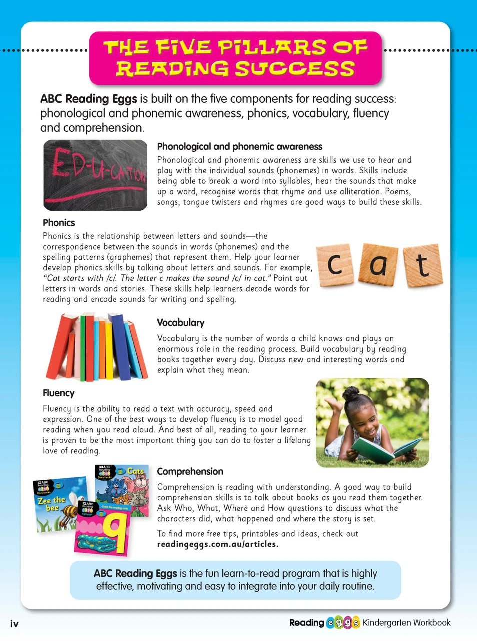 Example lesson worksheet from the ABC Reading Eggs Reading Skills Kindergarten workbook, showing full-colour lesson activities