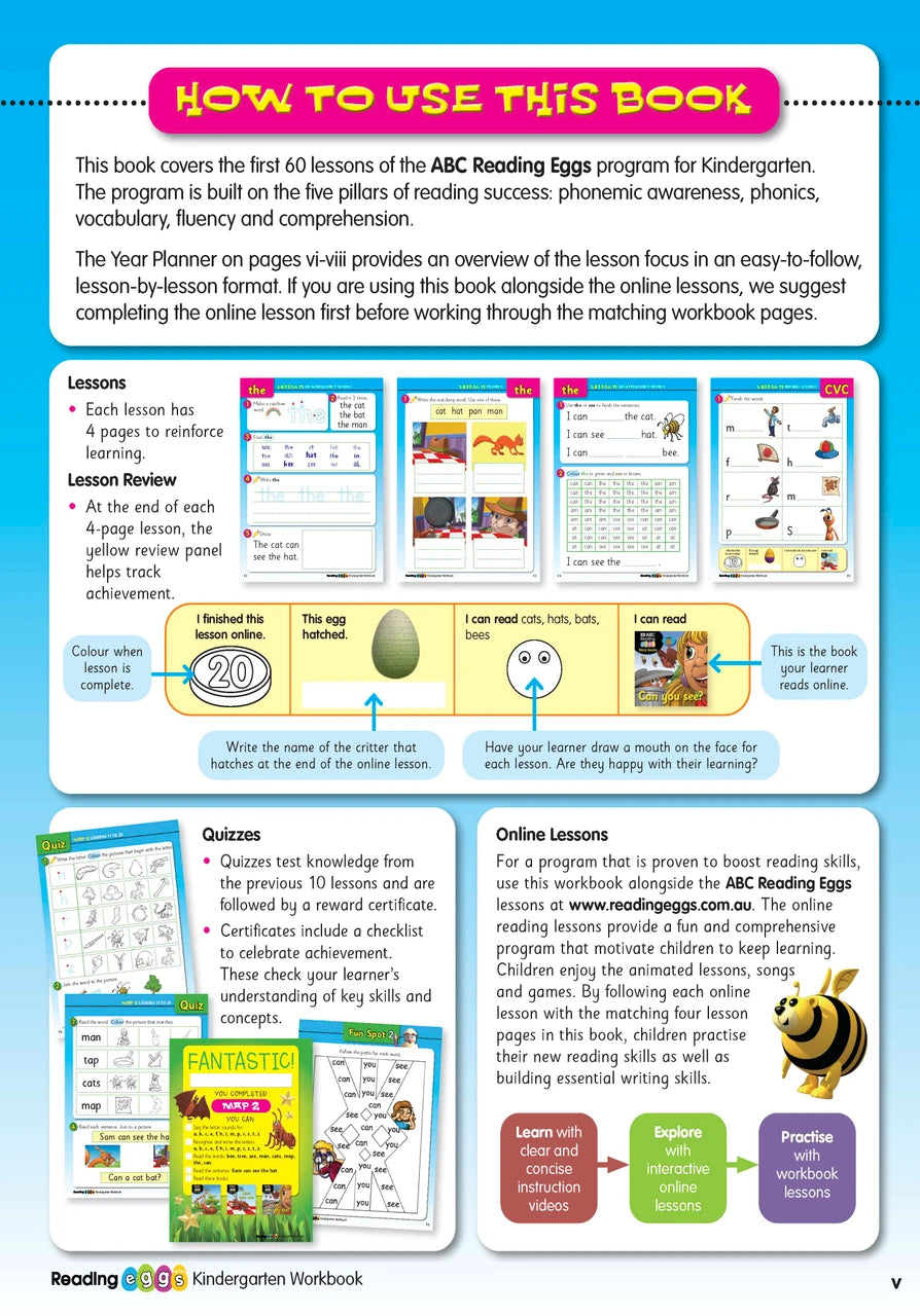 Inside page preview from the ABC Reading Eggs Reading Skills Kindergarten workbook, showing full-colour lesson activities
