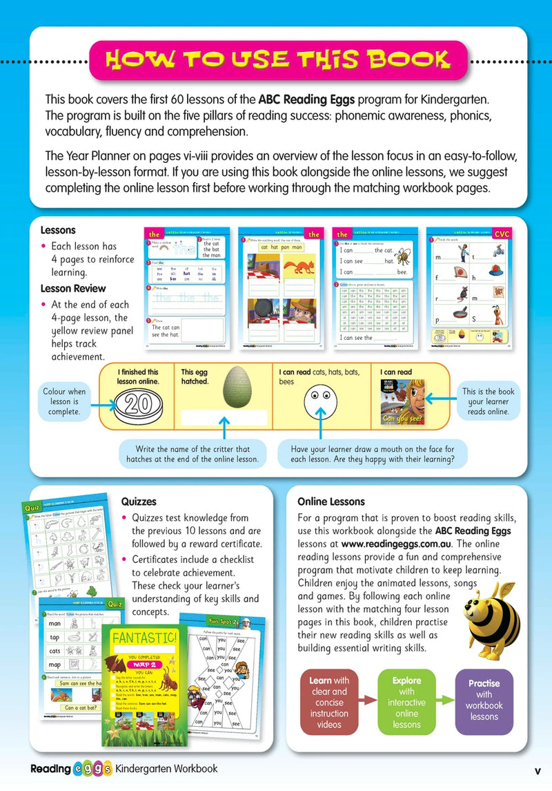 Inside page preview from the ABC Reading Eggs Reading Skills Kindergarten workbook, showing full-colour lesson activities