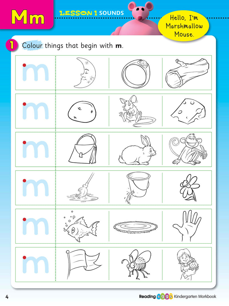 Interior activity page from the ABC Reading Eggs Reading Skills Kindergarten workbook, showing full-colour lesson activities