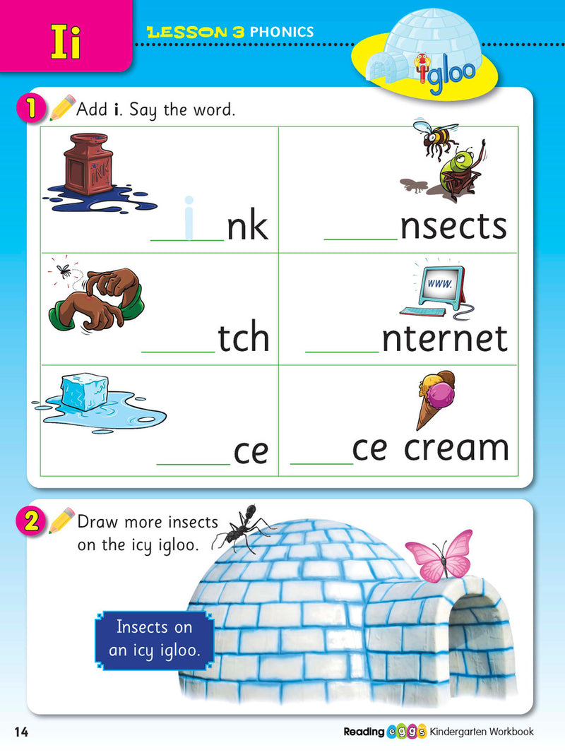 Sample interior page from the ABC Reading Eggs Reading Skills Kindergarten workbook, showing full-colour lesson activities