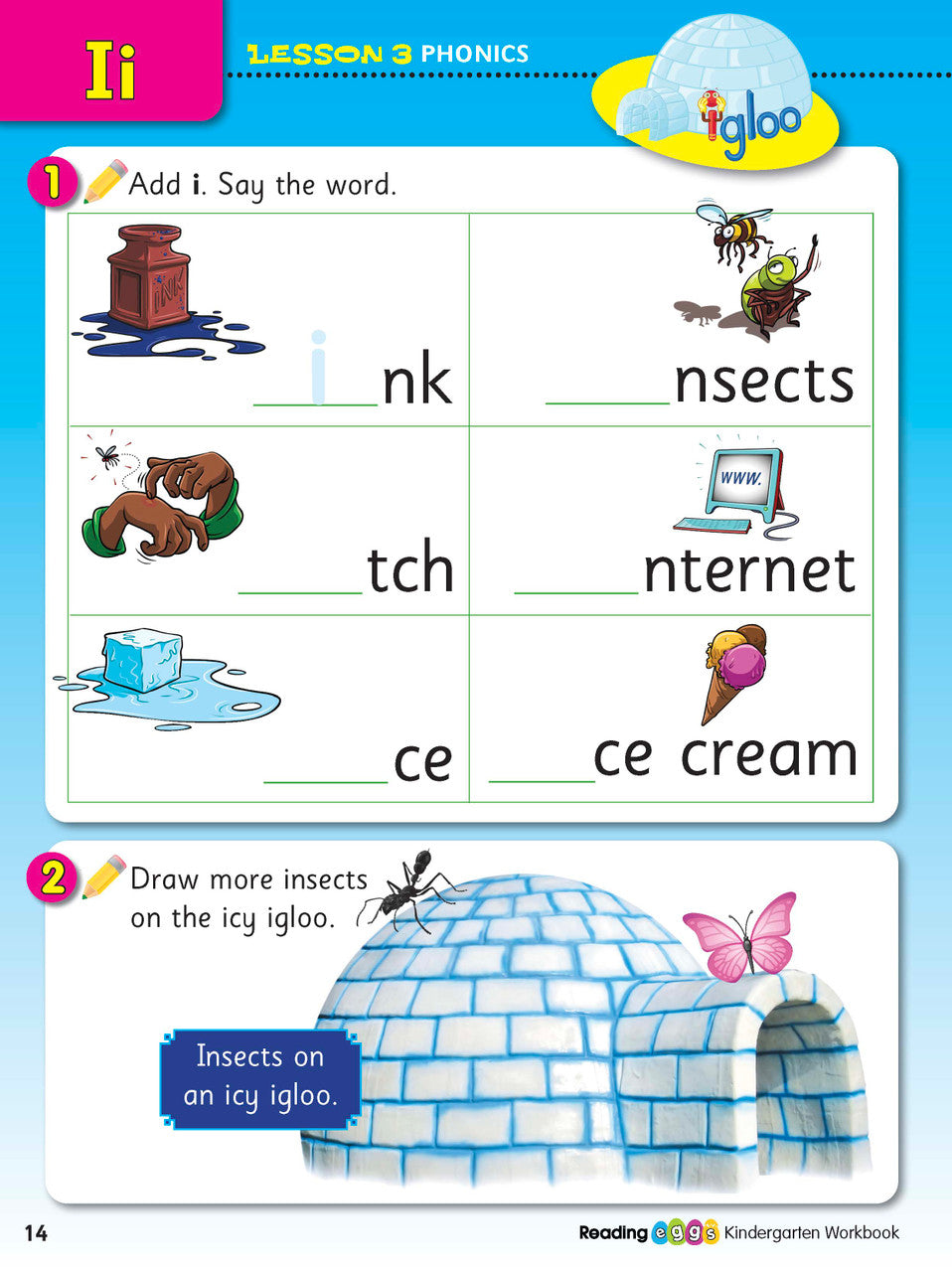 Sample interior page from the ABC Reading Eggs Reading Skills Kindergarten workbook, showing full-colour lesson activities