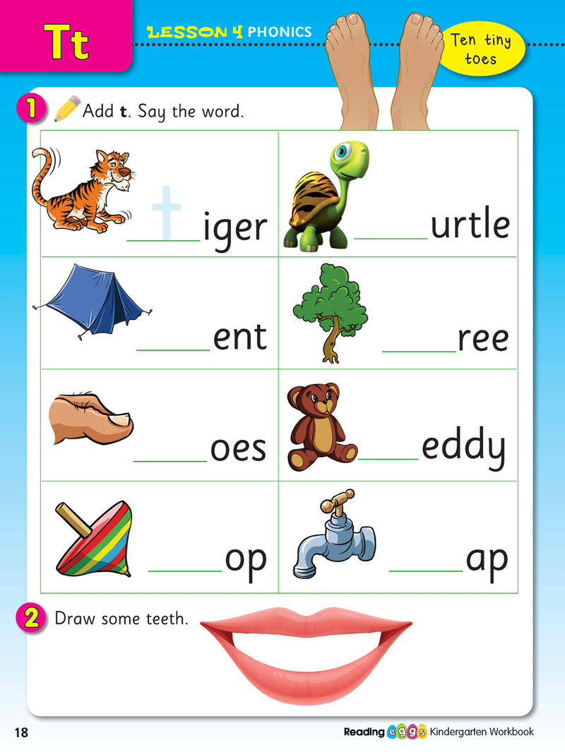 Example lesson worksheet from the ABC Reading Eggs Reading Skills Kindergarten workbook, showing full-colour lesson activities