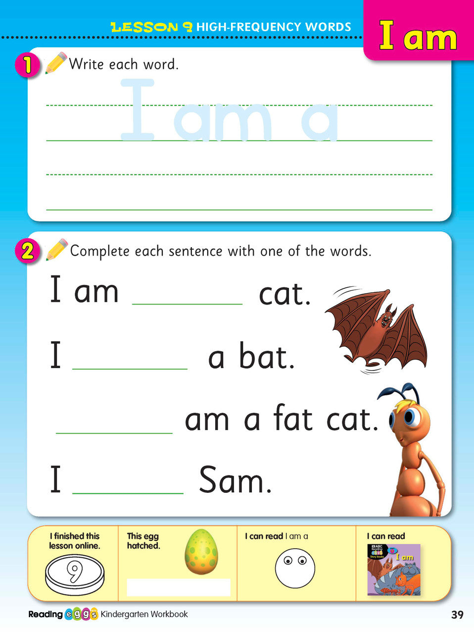 Inside page preview from the ABC Reading Eggs Reading Skills Kindergarten workbook, showing full-colour lesson activities