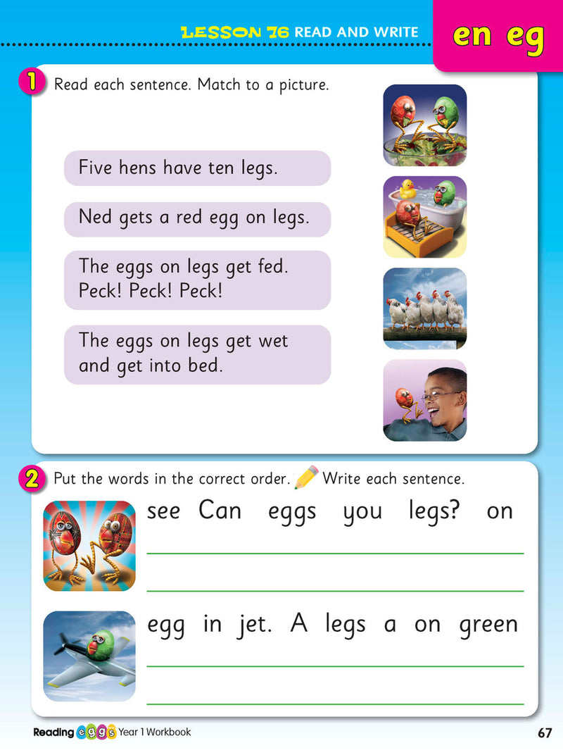Sample practice page from the ABC Reading Eggs Reading Skills Year 1 workbook, showing full-colour lesson activities