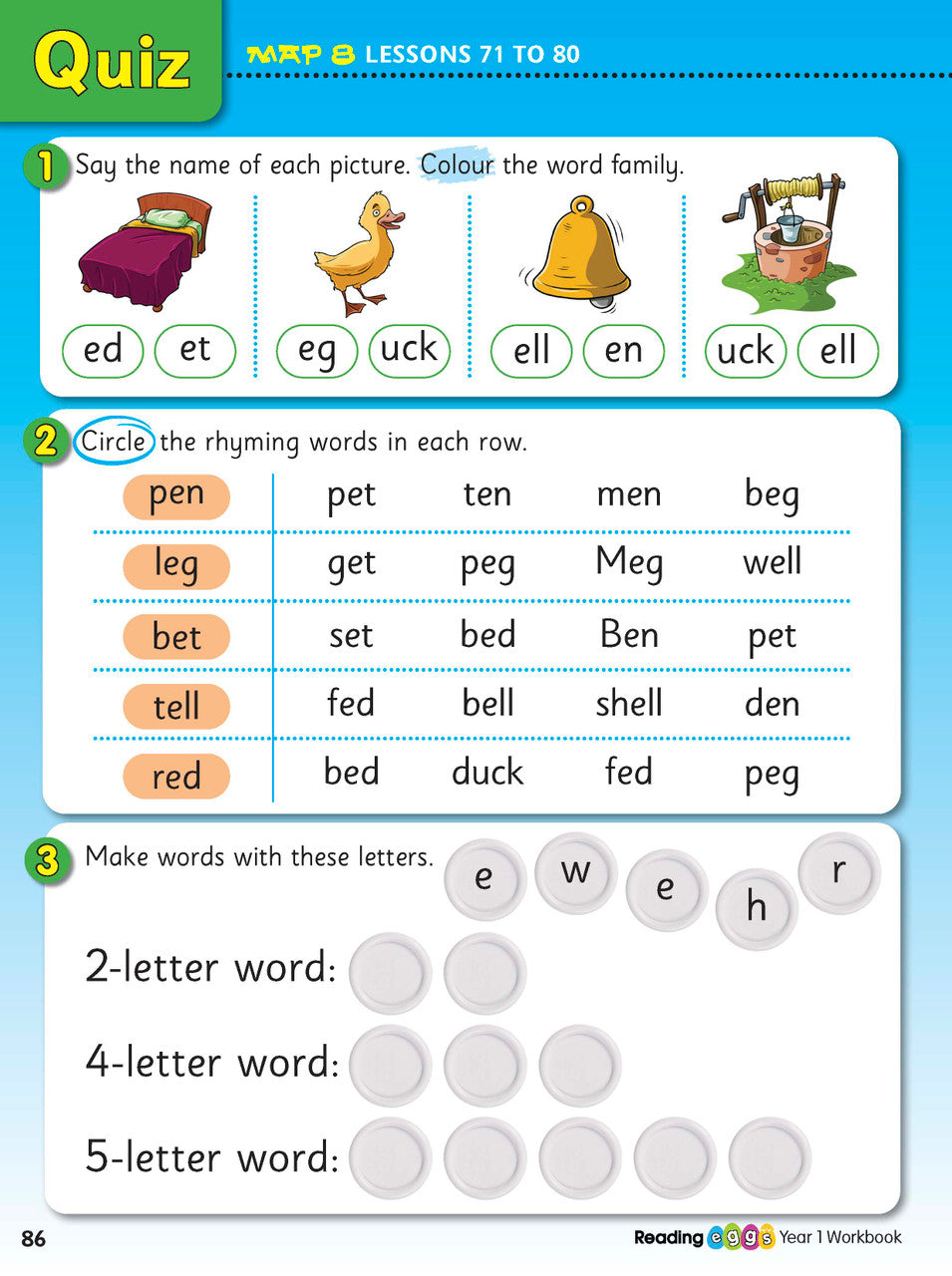 Interior activity page from the ABC Reading Eggs Reading Skills Year 1 workbook, showing full-colour lesson activities
