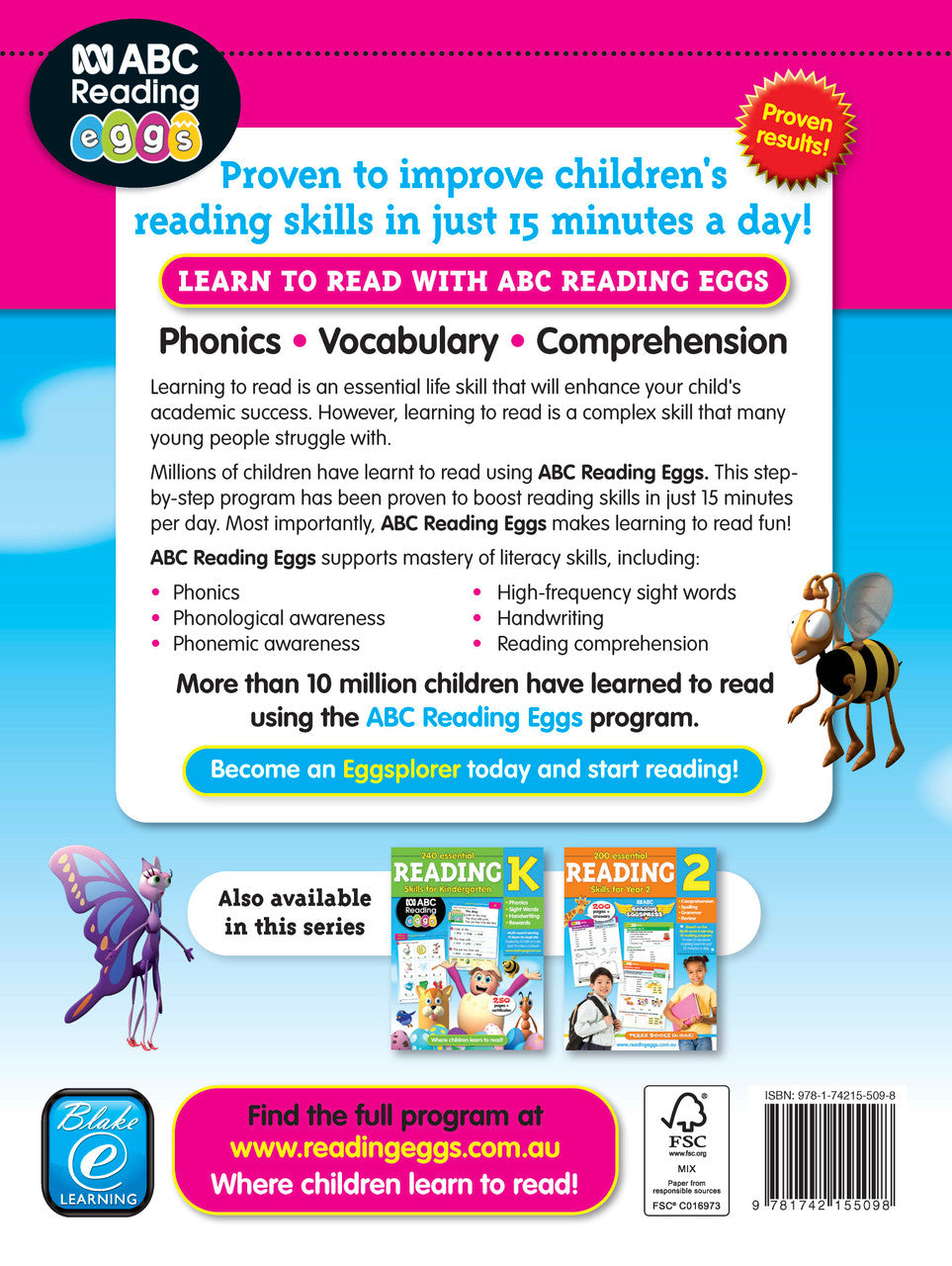 Sample interior page from the ABC Reading Eggs Reading Skills Year 1 workbook, showing full-colour lesson activities