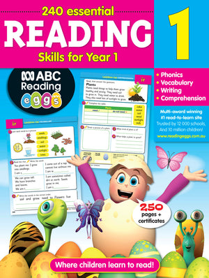 Front cover of the ABC Reading Eggs Reading Skills Year 1 workbook, showing the series branding and title
