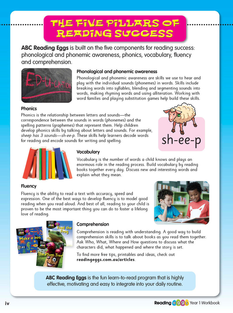 Example lesson worksheet from the ABC Reading Eggs Reading Skills Year 1 workbook, showing full-colour lesson activities