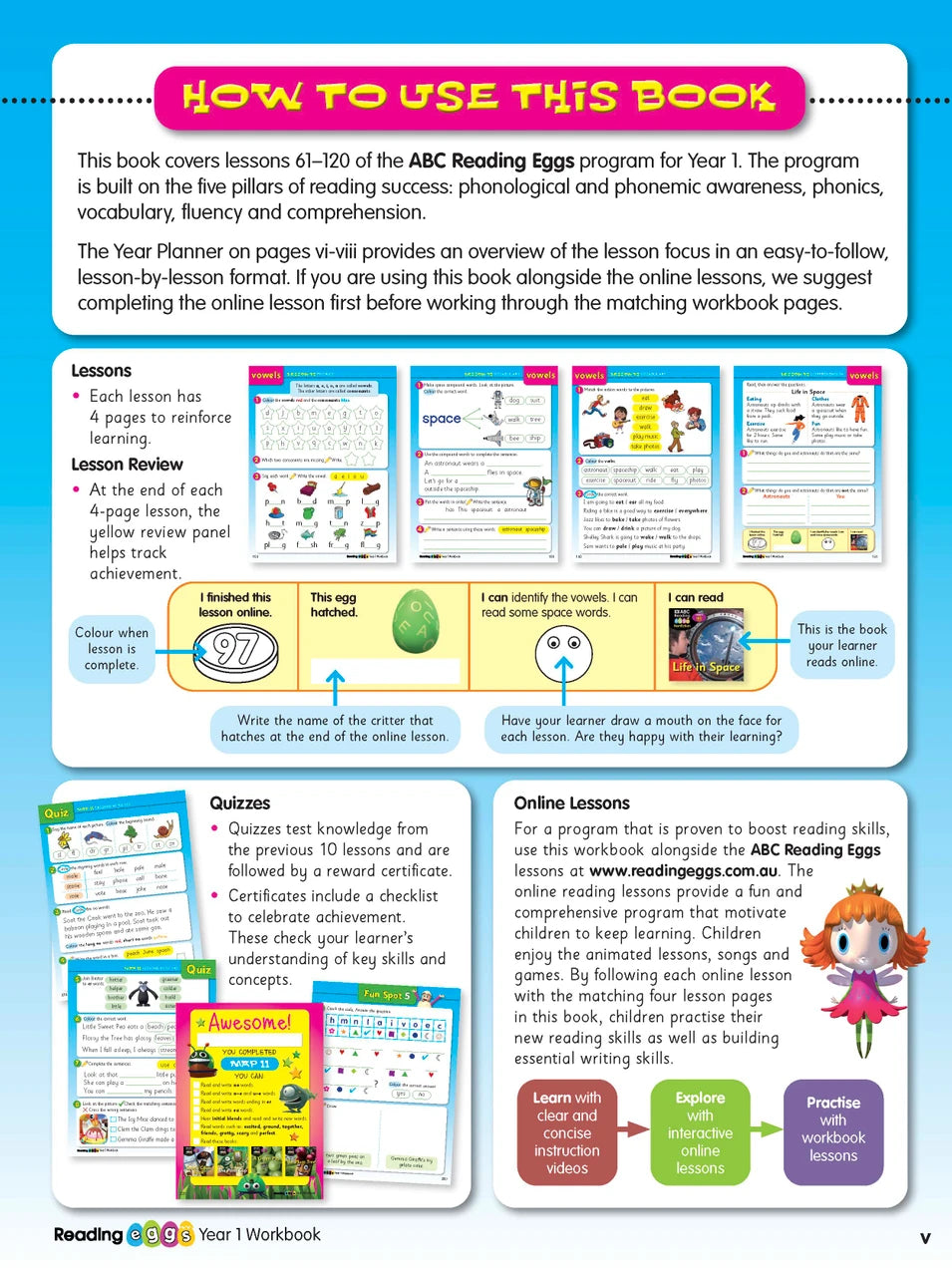Inside page preview from the ABC Reading Eggs Reading Skills Year 1 workbook, showing full-colour lesson activities