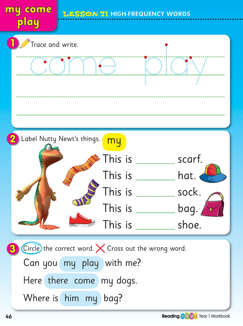 Interior activity page from the ABC Reading Eggs Reading Skills Year 1 workbook, showing full-colour lesson activities