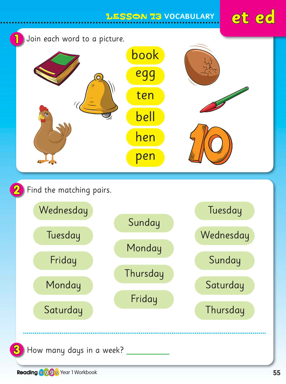 Sample interior page from the ABC Reading Eggs Reading Skills Year 1 workbook, showing full-colour lesson activities