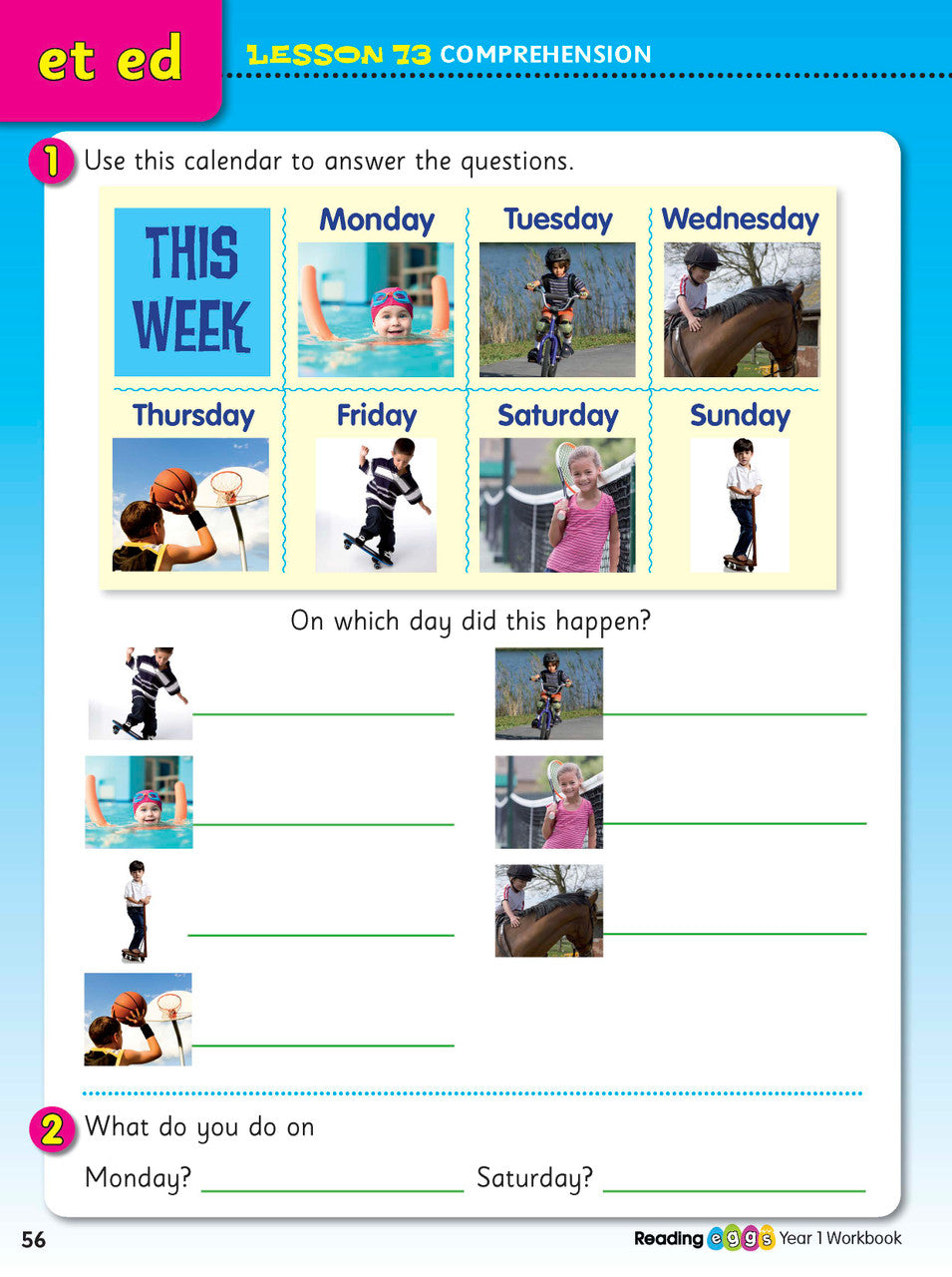 Example lesson worksheet from the ABC Reading Eggs Reading Skills Year 1 workbook, showing full-colour lesson activities