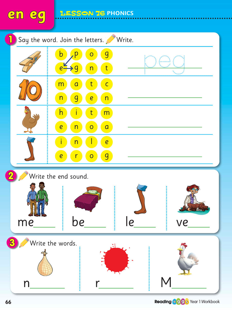 Inside page preview from the ABC Reading Eggs Reading Skills Year 1 workbook, showing full-colour lesson activities