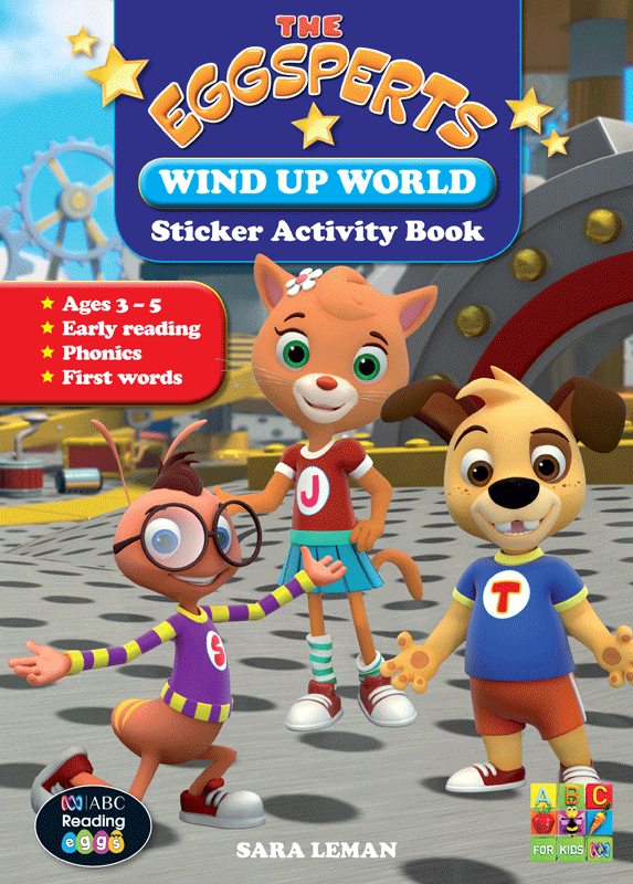 Front cover of The Eggsperts Wind Up World sticker activity book from ABC Reading Eggs, showing the Eggsperts characters