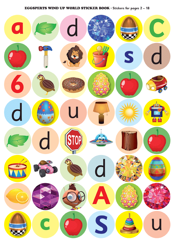Sticker sheet from The Eggsperts Wind Up World sticker activity book, showing colourful stickers for the activities