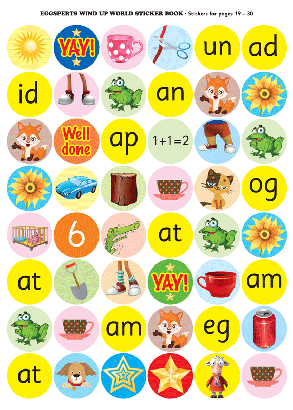 Second sticker sheet from The Eggsperts Wind Up World sticker activity book, showing colourful stickers for the activities